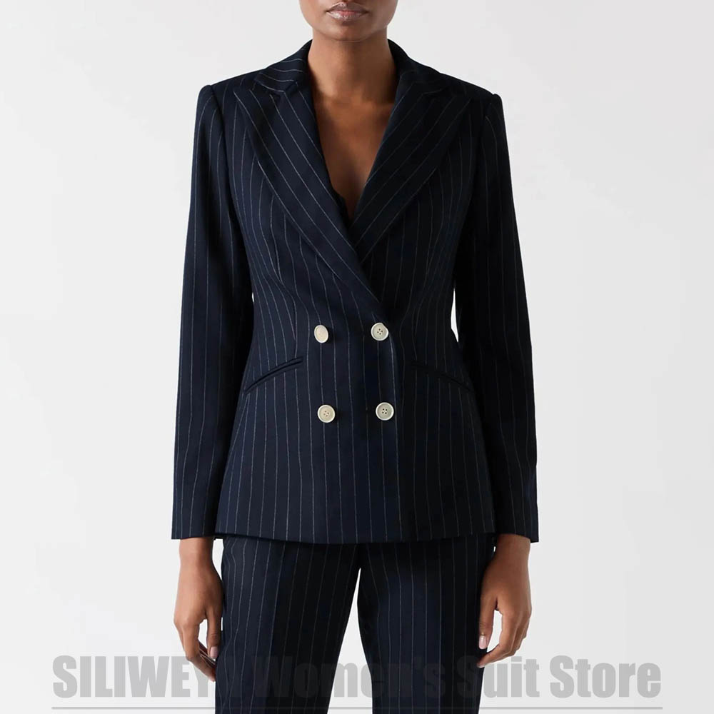 Women Formal Wear For Meeting - بدلة نسائية مخططة باللون الأزرق الداكن