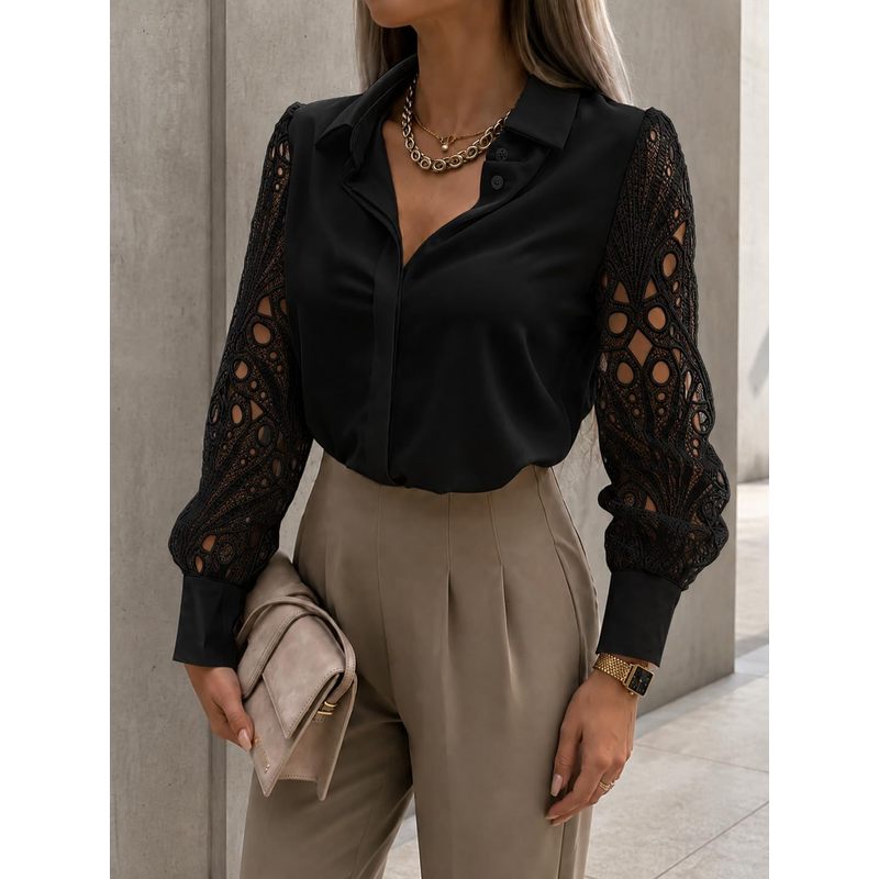 Women Formal Wear For Meeting - بلوزة نسائية بأزرار من الساتان، قميص